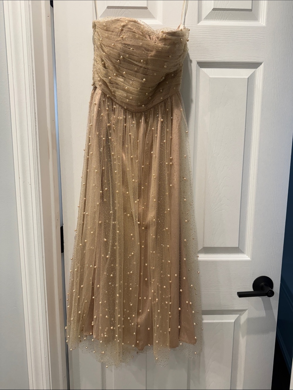 BHLDN Champagne Strapless Pearl-Embellished Tulle Gown